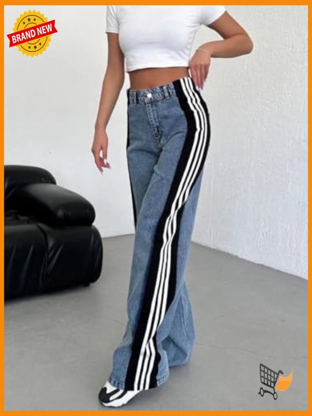 High Waisted Stretchy Wide Leg Jeans with Patchwork Stripes - Picture 3 of 7